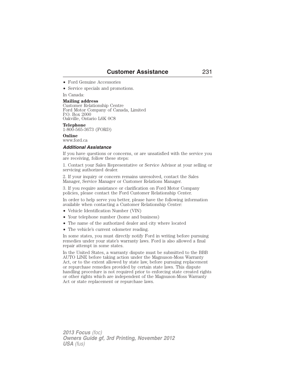 Additional assistance, Customer assistance 231 | FORD 2013 Focus v.3 User Manual | Page 232 / 487