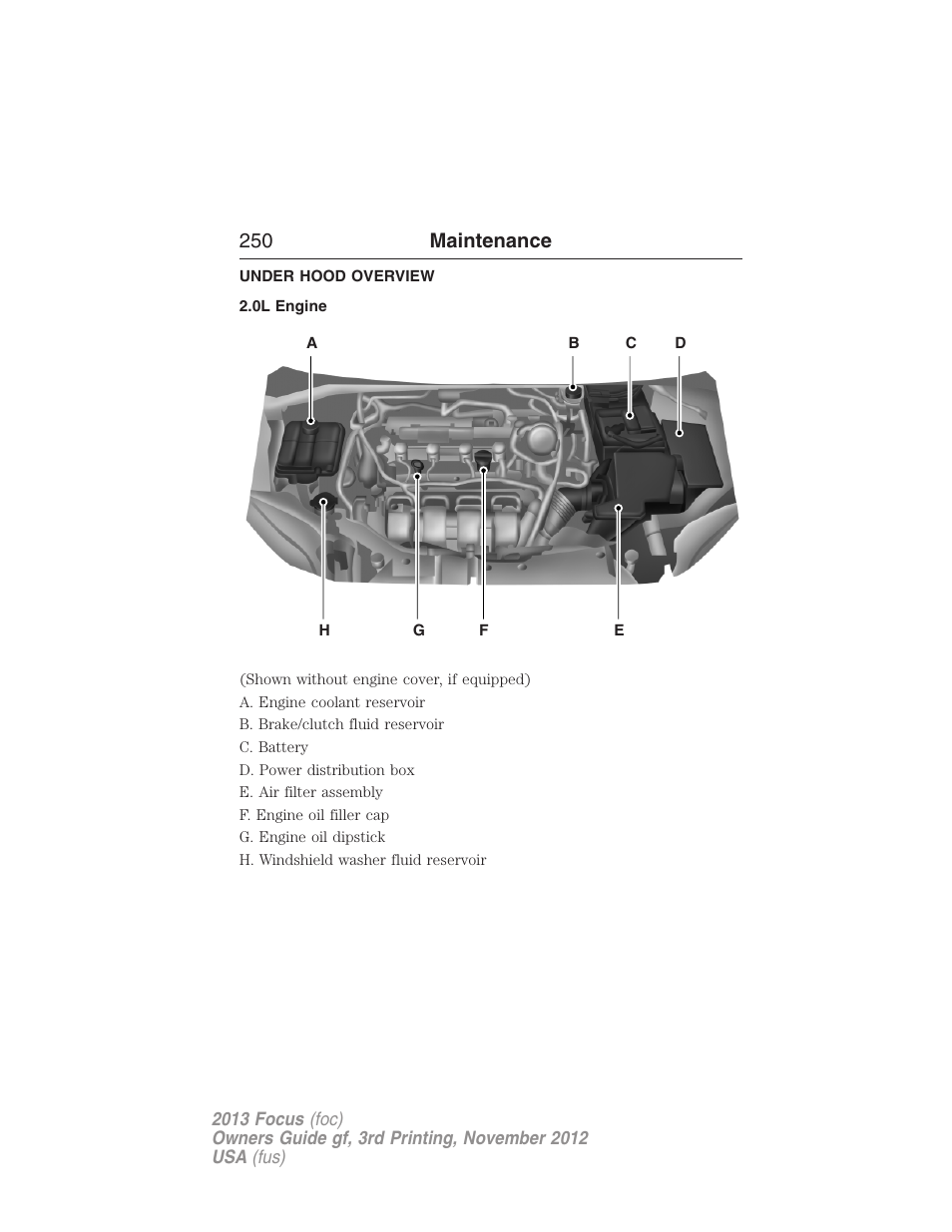 Under hood overview, 0l engine, 250 maintenance | FORD 2013 Focus v.3 User Manual | Page 251 / 487