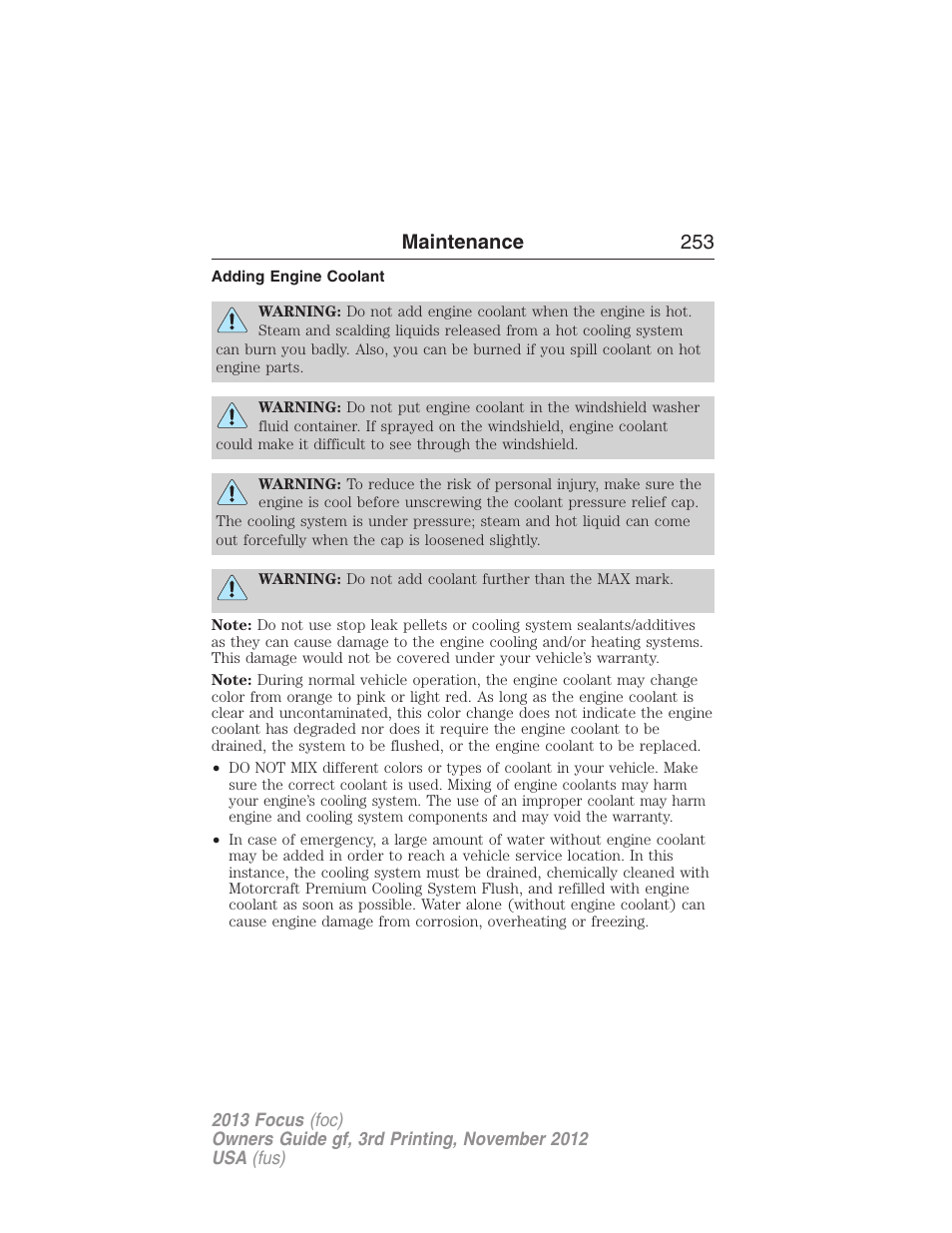 Adding engine coolant, Maintenance 253 | FORD 2013 Focus v.3 User Manual | Page 254 / 487