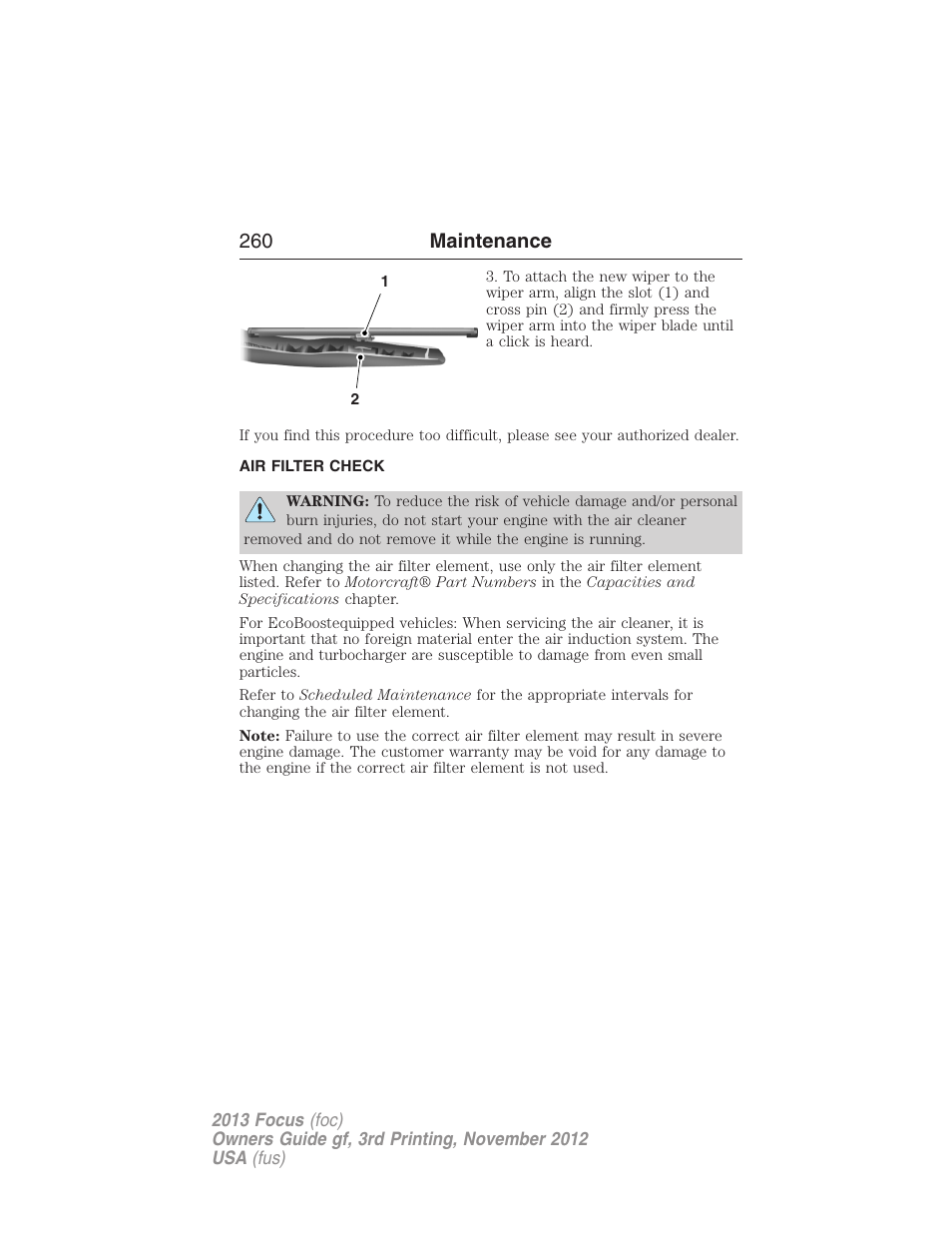 Air filter check, Air filter(s), 260 maintenance | FORD 2013 Focus v.3 User Manual | Page 261 / 487