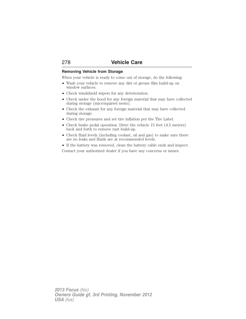 Removing vehicle from storage, 278 vehicle care | FORD 2013 Focus v.3 User Manual | Page 279 / 487