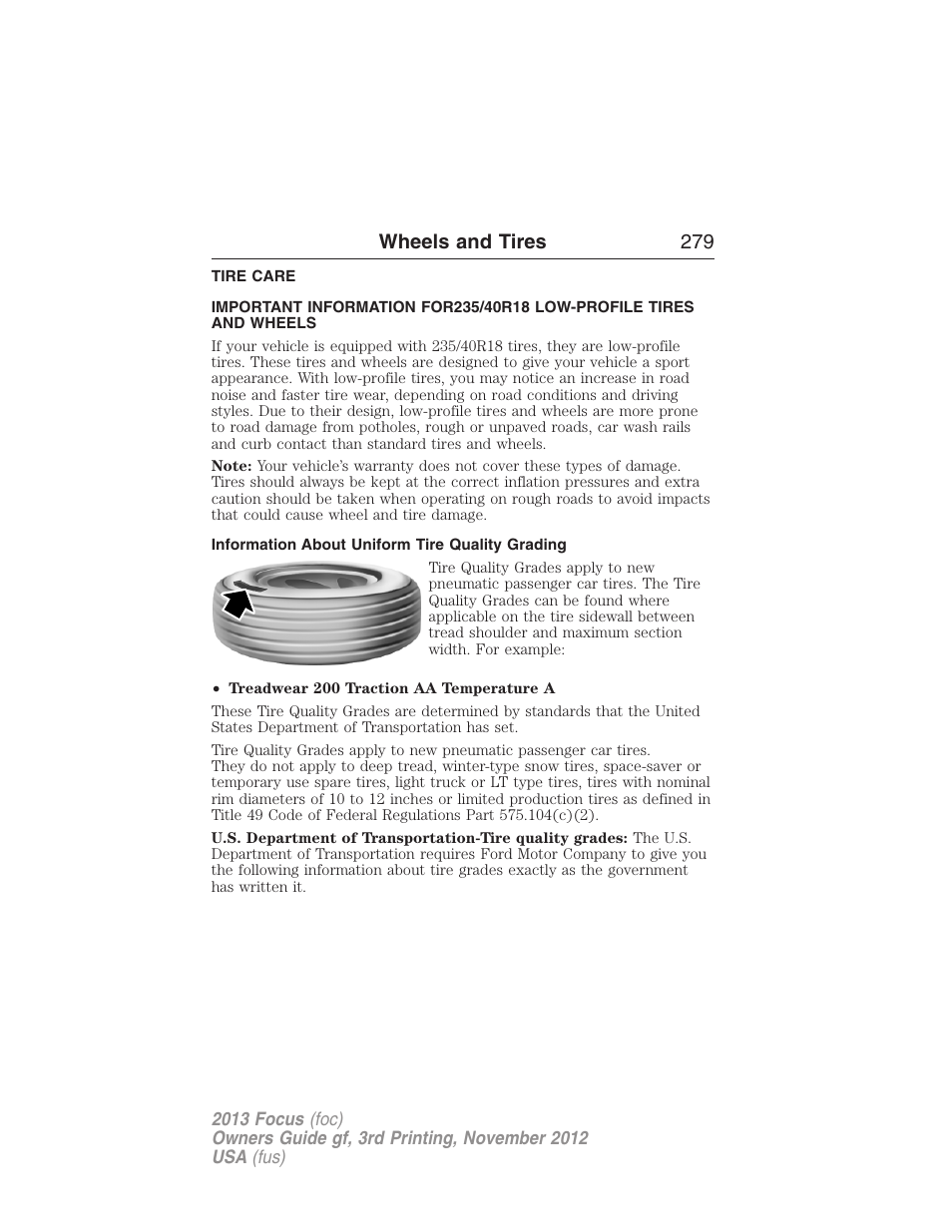 Wheels and tires, Tire care, Information about uniform tire quality grading | Wheels and tires 279 | FORD 2013 Focus v.3 User Manual | Page 280 / 487