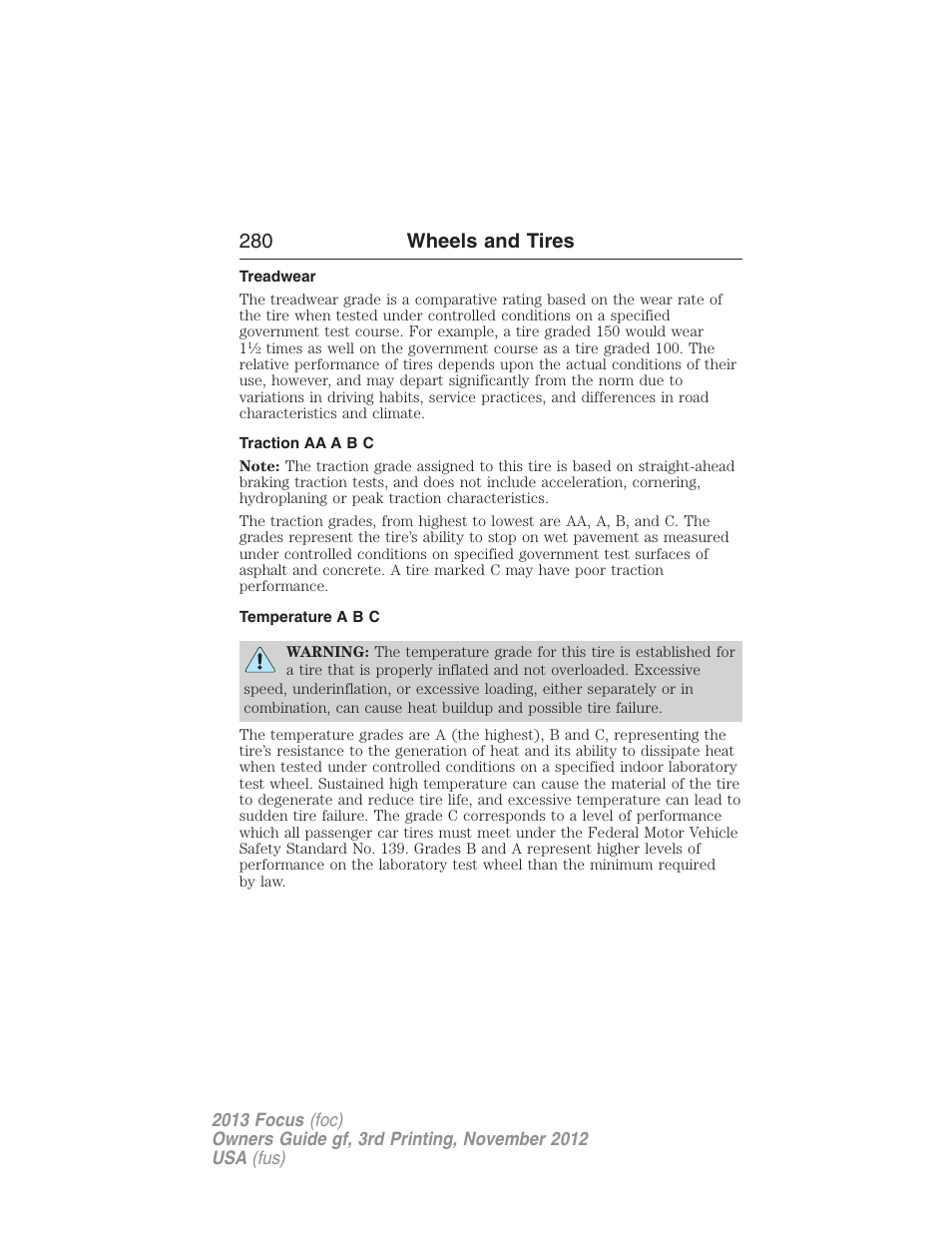 Treadwear, Traction aa a b c, Temperature a b c | 280 wheels and tires | FORD 2013 Focus v.3 User Manual | Page 281 / 487