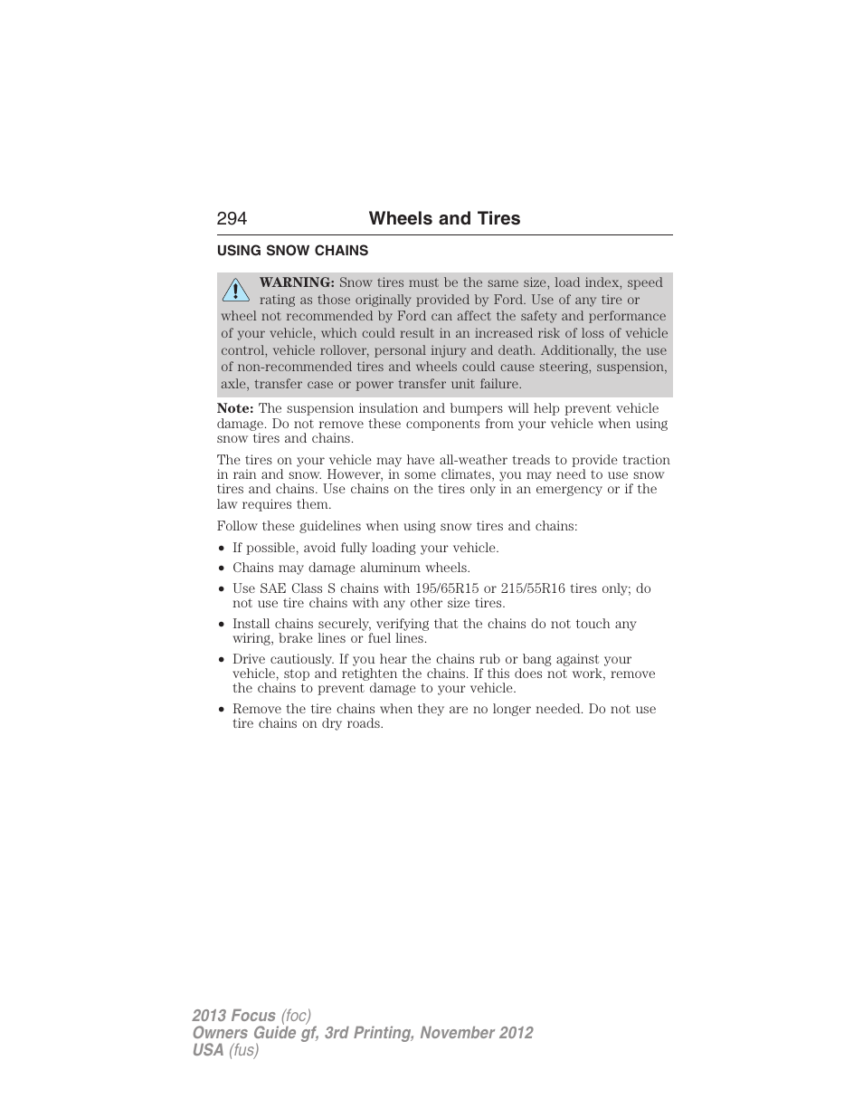 Using snow chains, 294 wheels and tires | FORD 2013 Focus v.3 User Manual | Page 295 / 487
