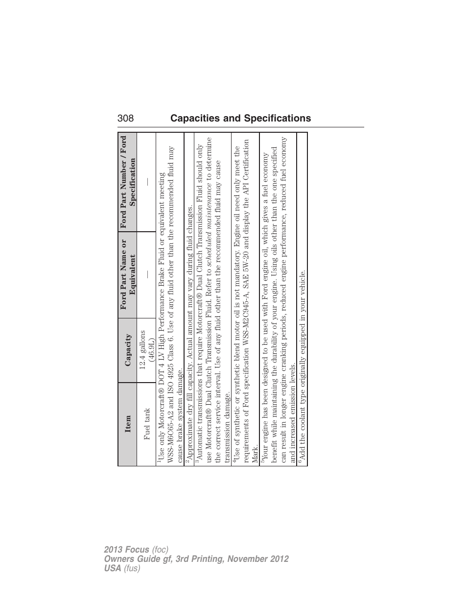 308 capacities and specifications | FORD 2013 Focus v.3 User Manual | Page 309 / 487