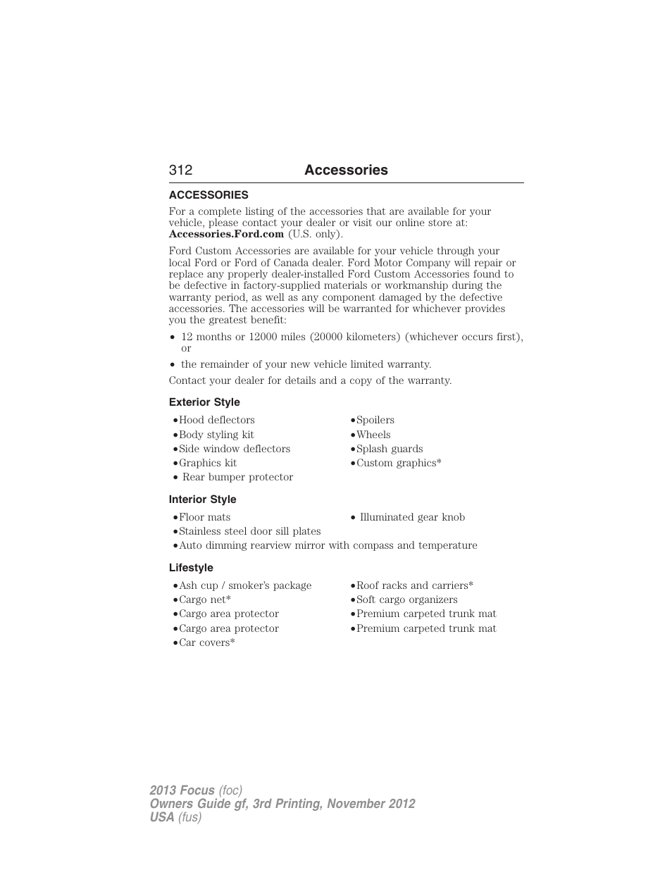 Accessories, Exterior style, Interior style | Lifestyle, 312 accessories | FORD 2013 Focus v.3 User Manual | Page 313 / 487