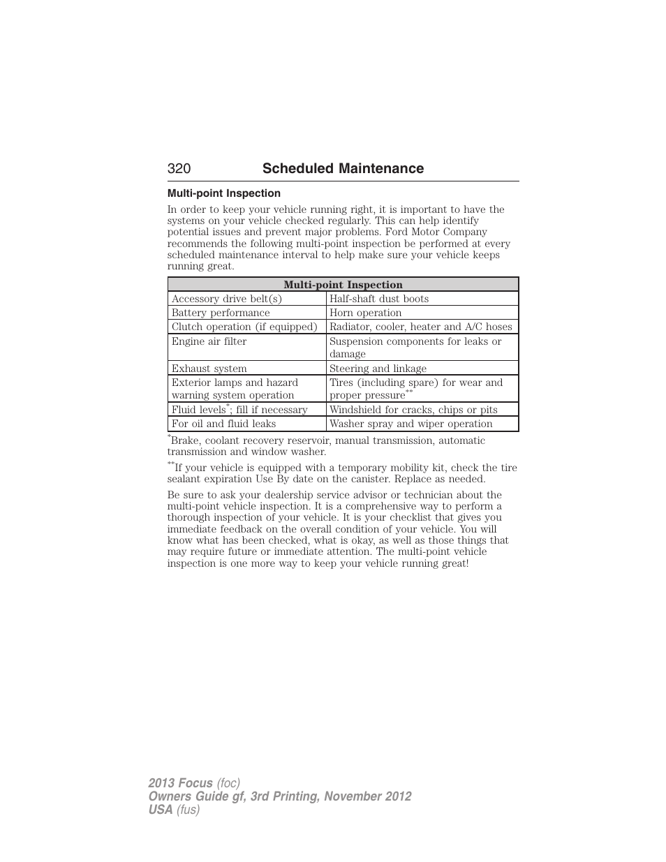 Multi-point inspection, 320 scheduled maintenance | FORD 2013 Focus v.3 User Manual | Page 321 / 487