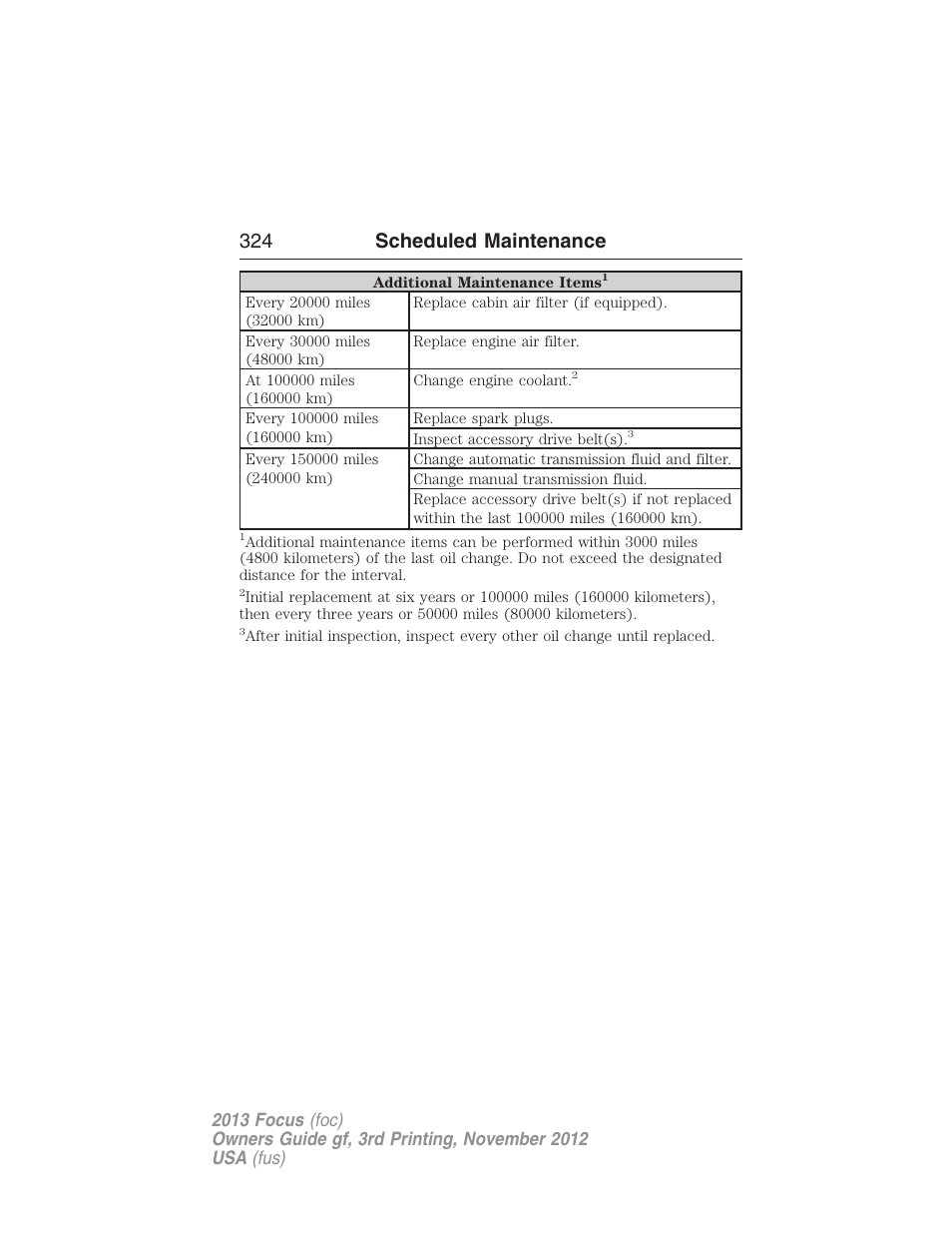 324 scheduled maintenance | FORD 2013 Focus v.3 User Manual | Page 325 / 487