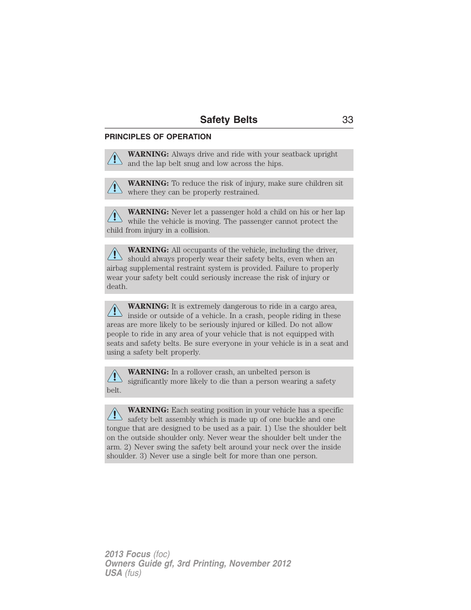 Safety belts, Principles of operation, Safety belts 33 | FORD 2013 Focus v.3 User Manual | Page 34 / 487