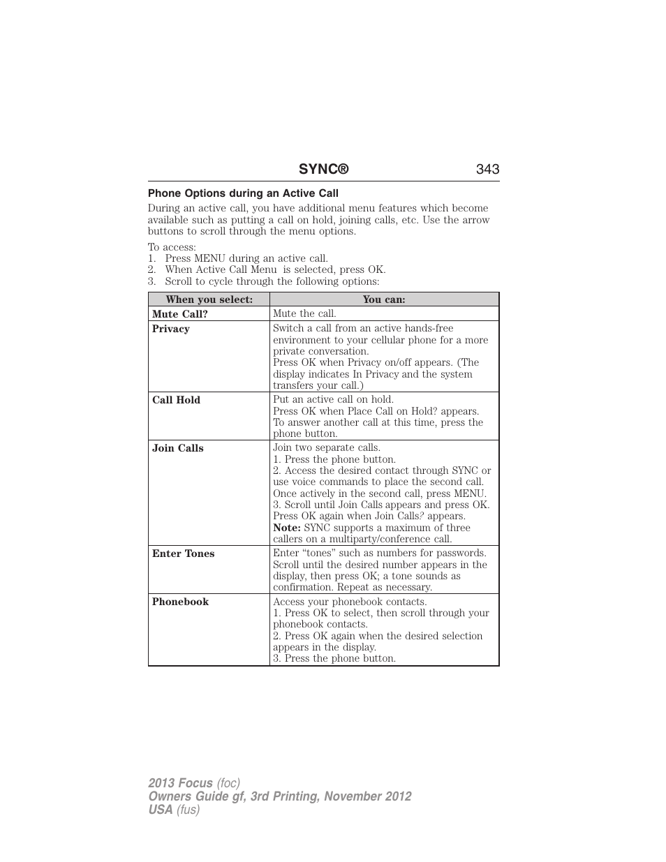 Phone options during an active call, Sync® 343 | FORD 2013 Focus v.3 User Manual | Page 344 / 487