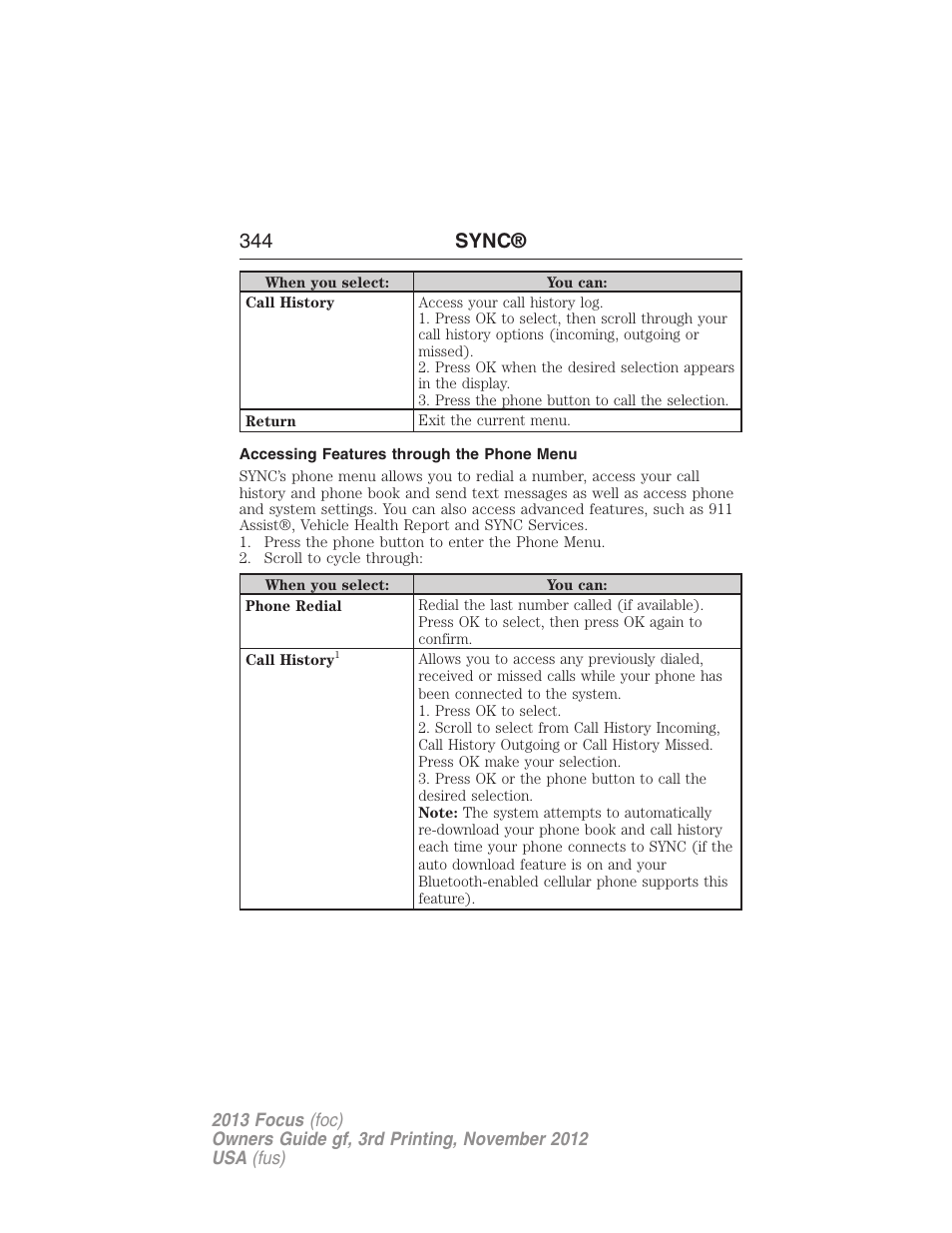 Accessing features through the phone menu, 344 sync | FORD 2013 Focus v.3 User Manual | Page 345 / 487