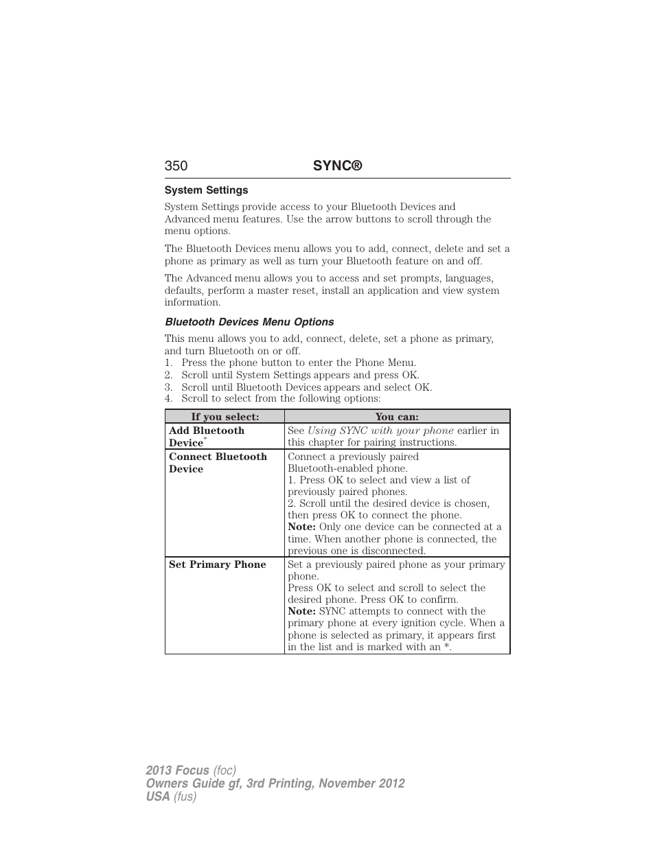 System settings, Bluetooth devices menu options, 350 sync | FORD 2013 Focus v.3 User Manual | Page 351 / 487