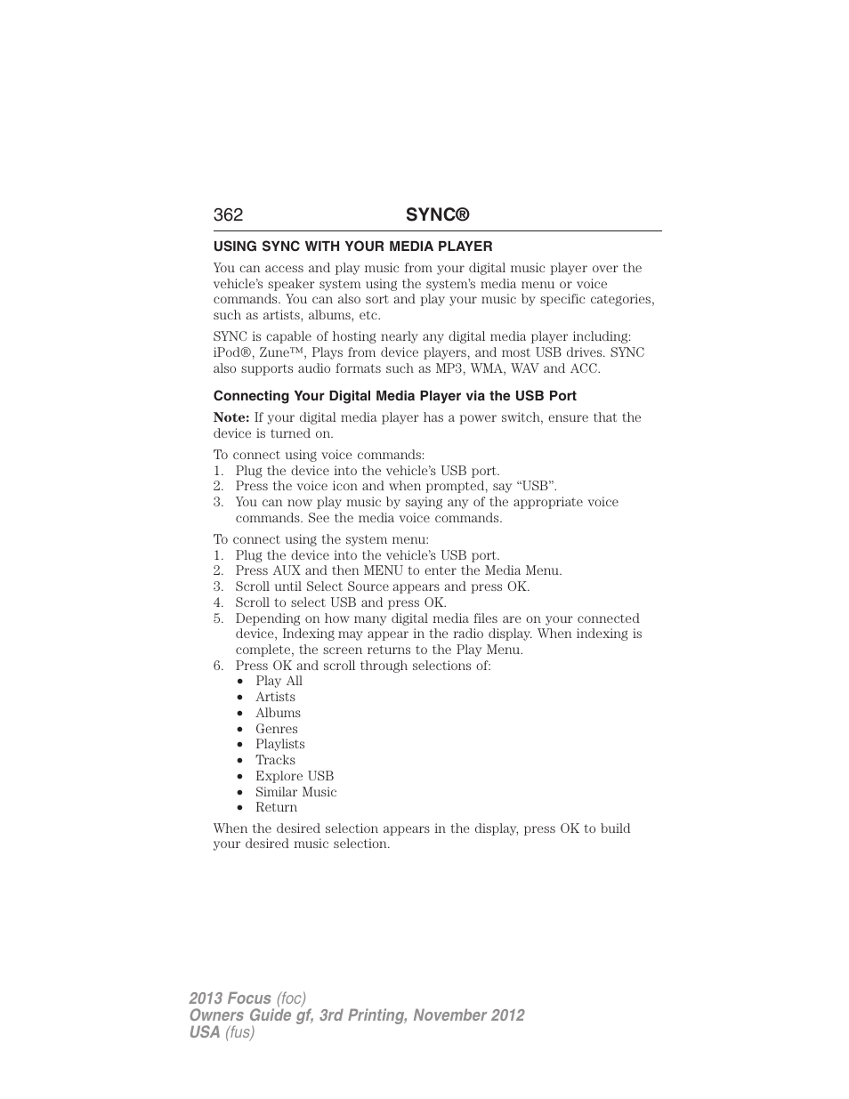 Using sync with your media player, 362 sync | FORD 2013 Focus v.3 User Manual | Page 363 / 487