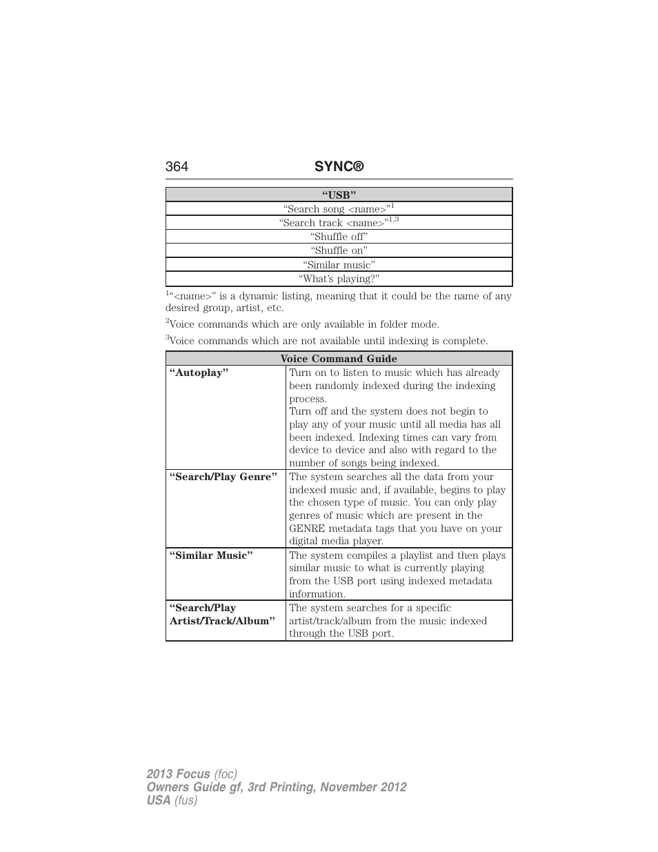 364 sync | FORD 2013 Focus v.3 User Manual | Page 365 / 487