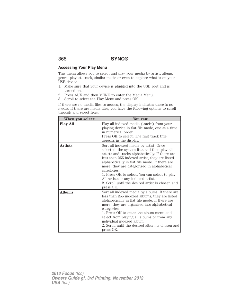 Accessing your play menu, 368 sync | FORD 2013 Focus v.3 User Manual | Page 369 / 487