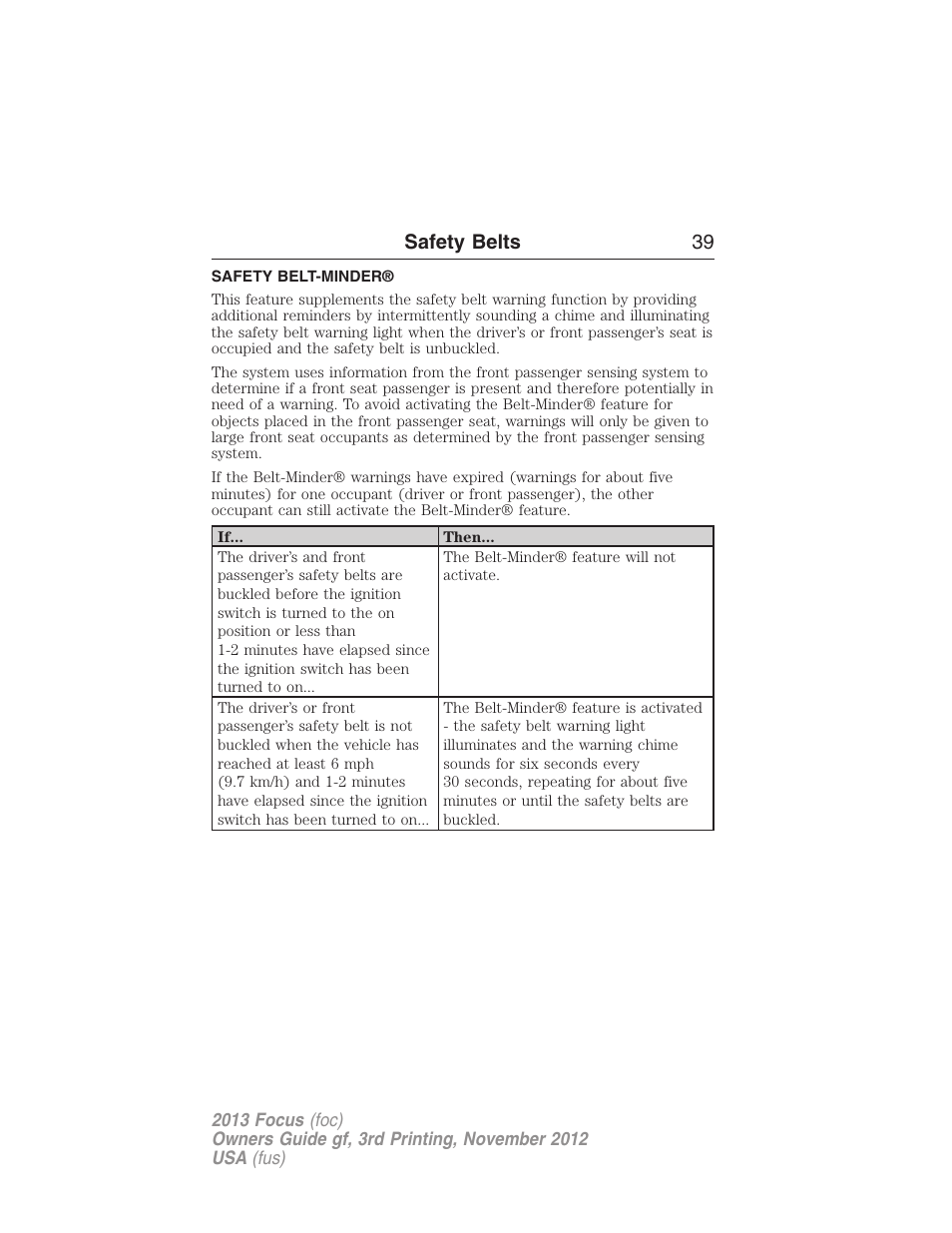 Safety belt-minder, Safety belts 39 | FORD 2013 Focus v.3 User Manual | Page 40 / 487