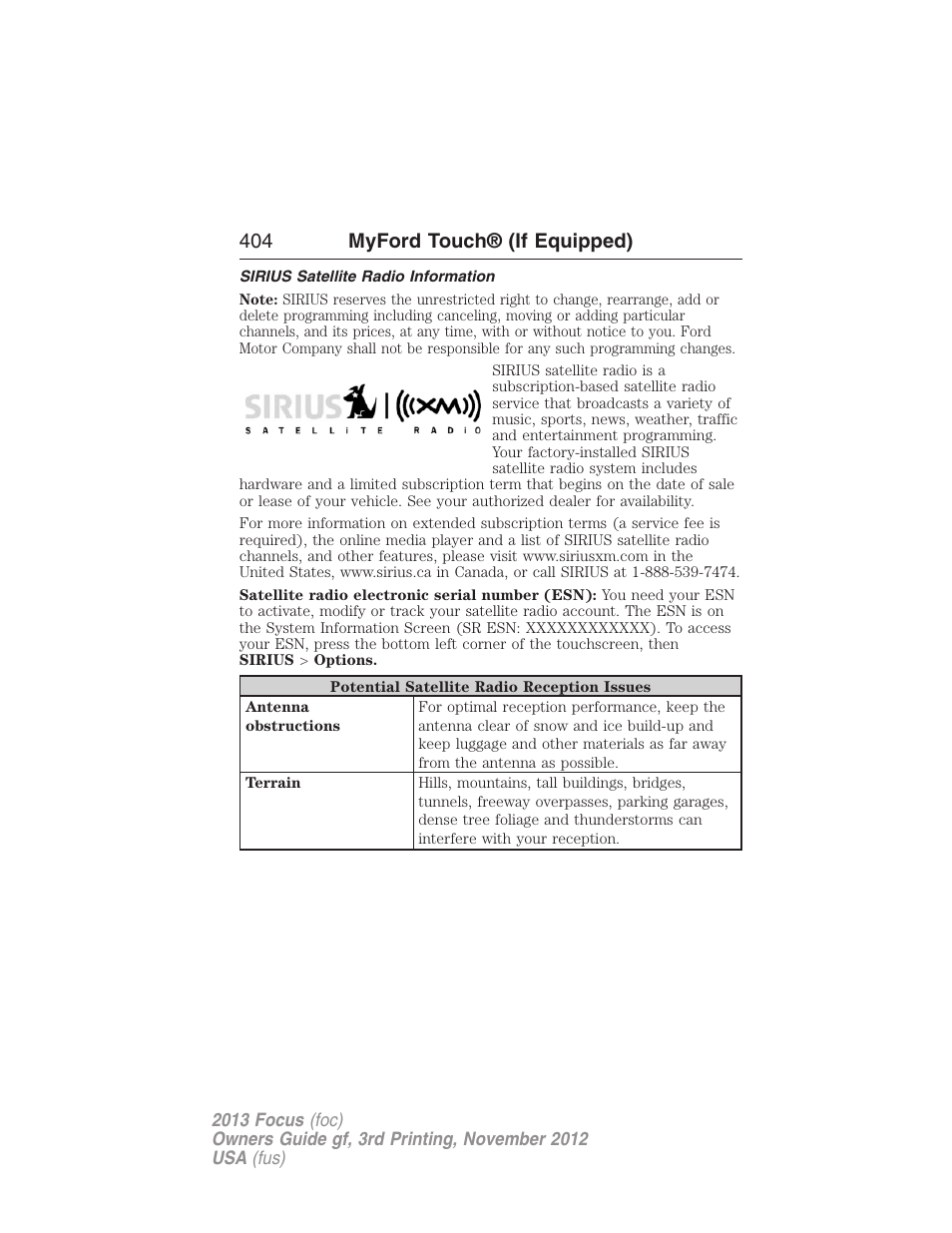 Sirius satellite radio information, 404 myford touch® (if equipped) | FORD 2013 Focus v.3 User Manual | Page 405 / 487