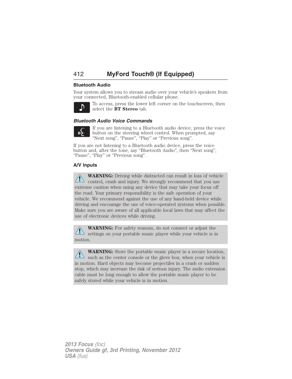 Bluetooth audio, Bluetooth audio voice commands, A/v inputs | 412 myford touch® (if equipped) | FORD 2013 Focus v.3 User Manual | Page 413 / 487