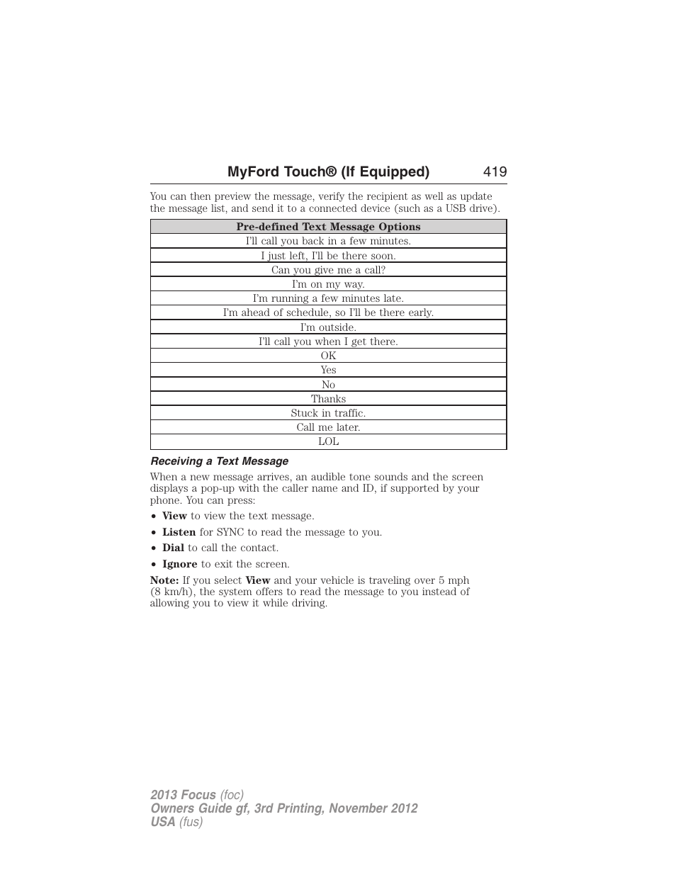 Receiving a text message, Myford touch® (if equipped) 419 | FORD 2013 Focus v.3 User Manual | Page 420 / 487