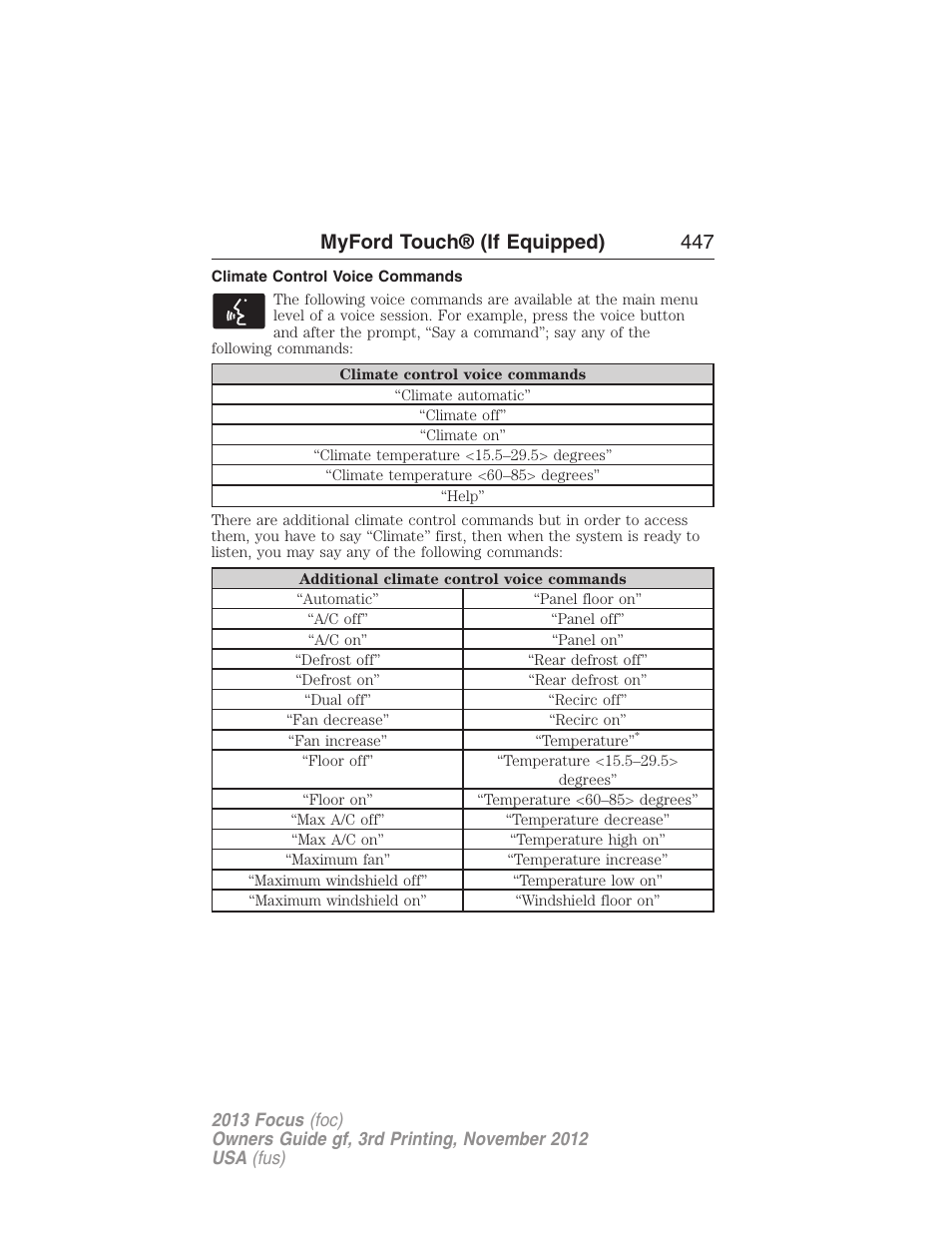 Climate control voice commands, Myford touch® (if equipped) 447 | FORD 2013 Focus v.3 User Manual | Page 448 / 487