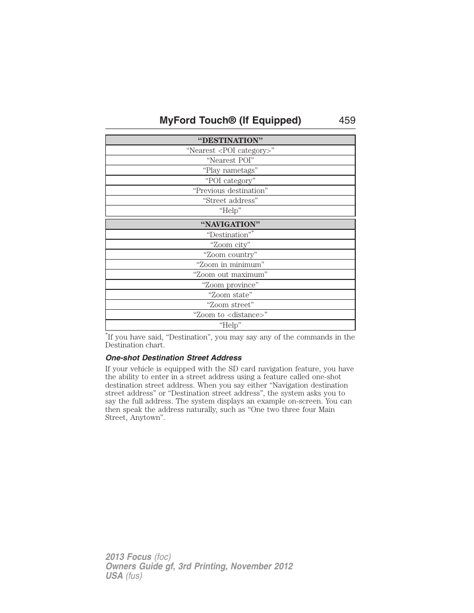 One-shot destination street address, Myford touch® (if equipped) 459 | FORD 2013 Focus v.3 User Manual | Page 460 / 487