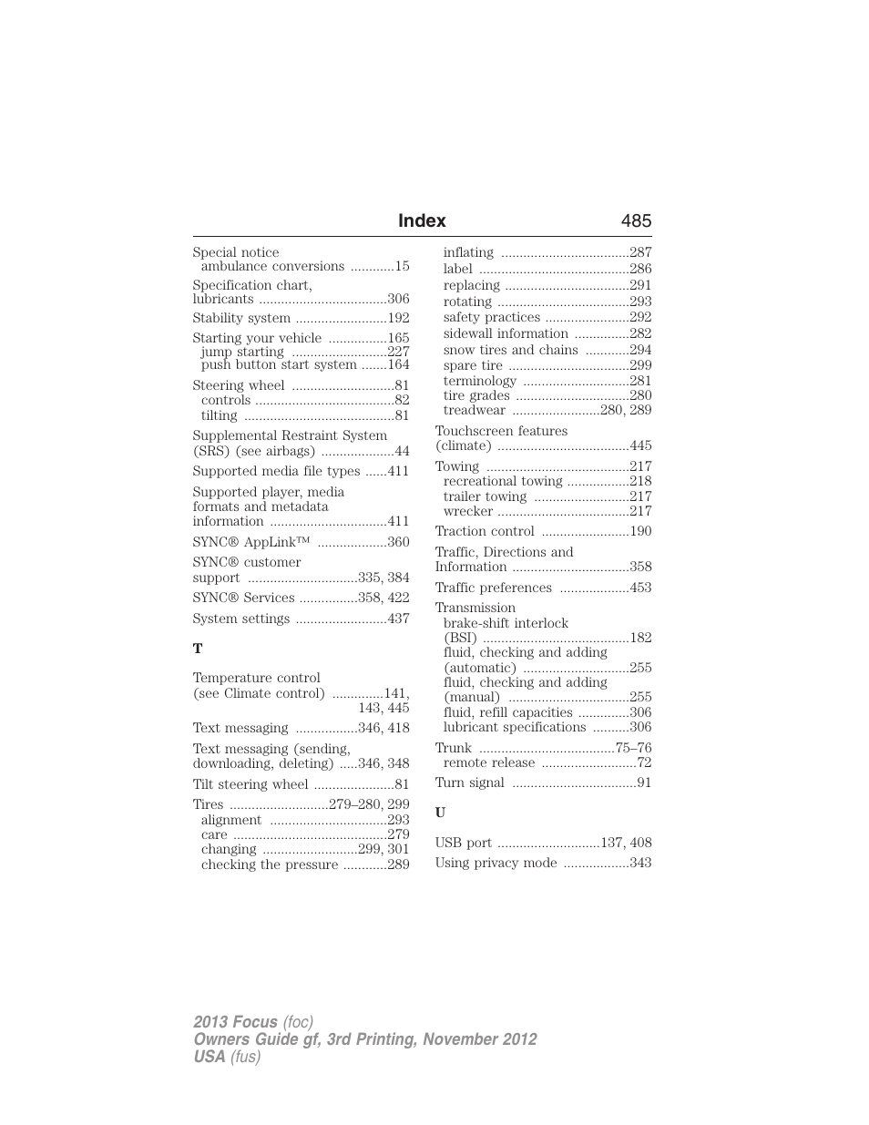 Index 485 | FORD 2013 Focus v.3 User Manual | Page 486 / 487
