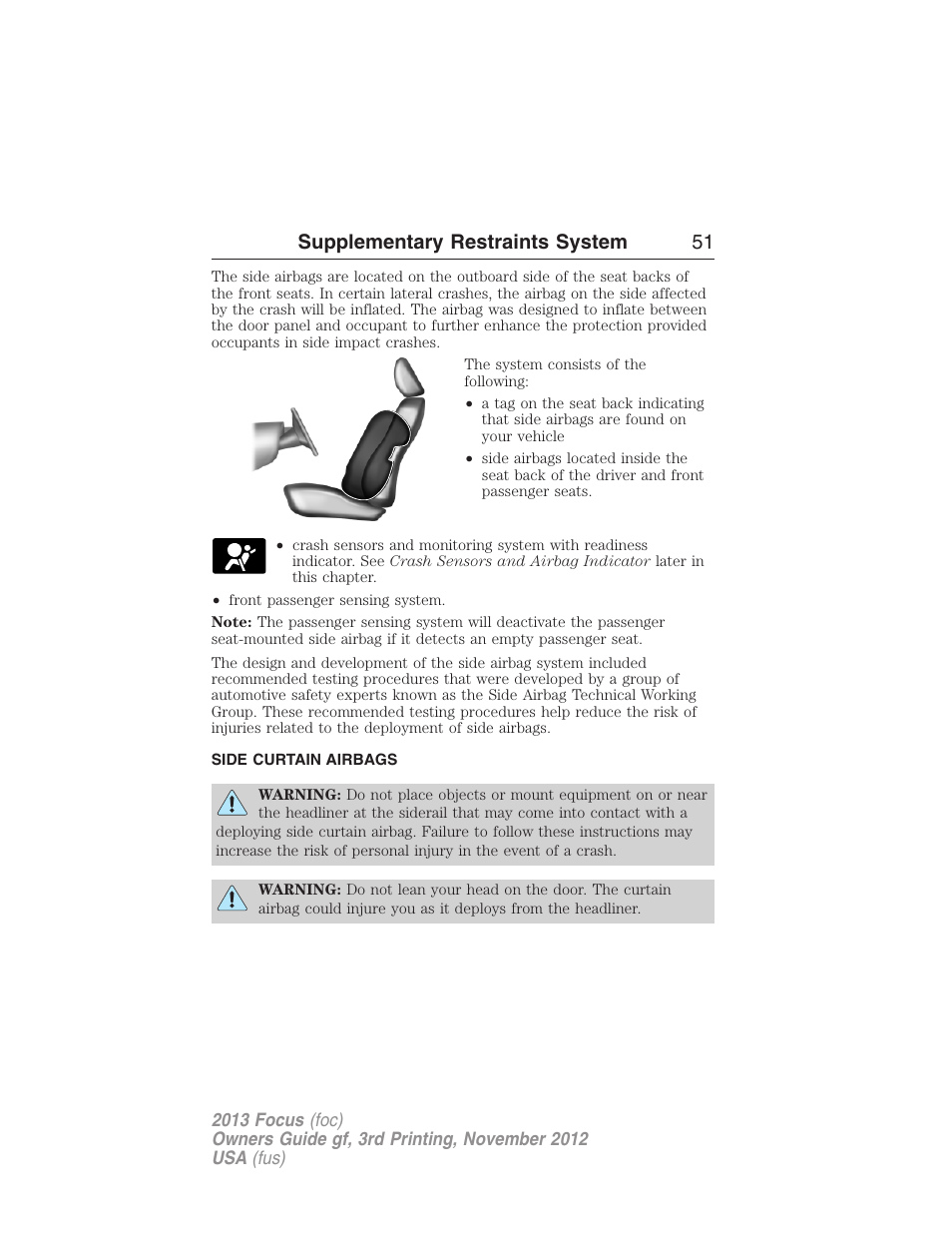 Side curtain airbags, Supplementary restraints system 51 | FORD 2013 Focus v.3 User Manual | Page 52 / 487