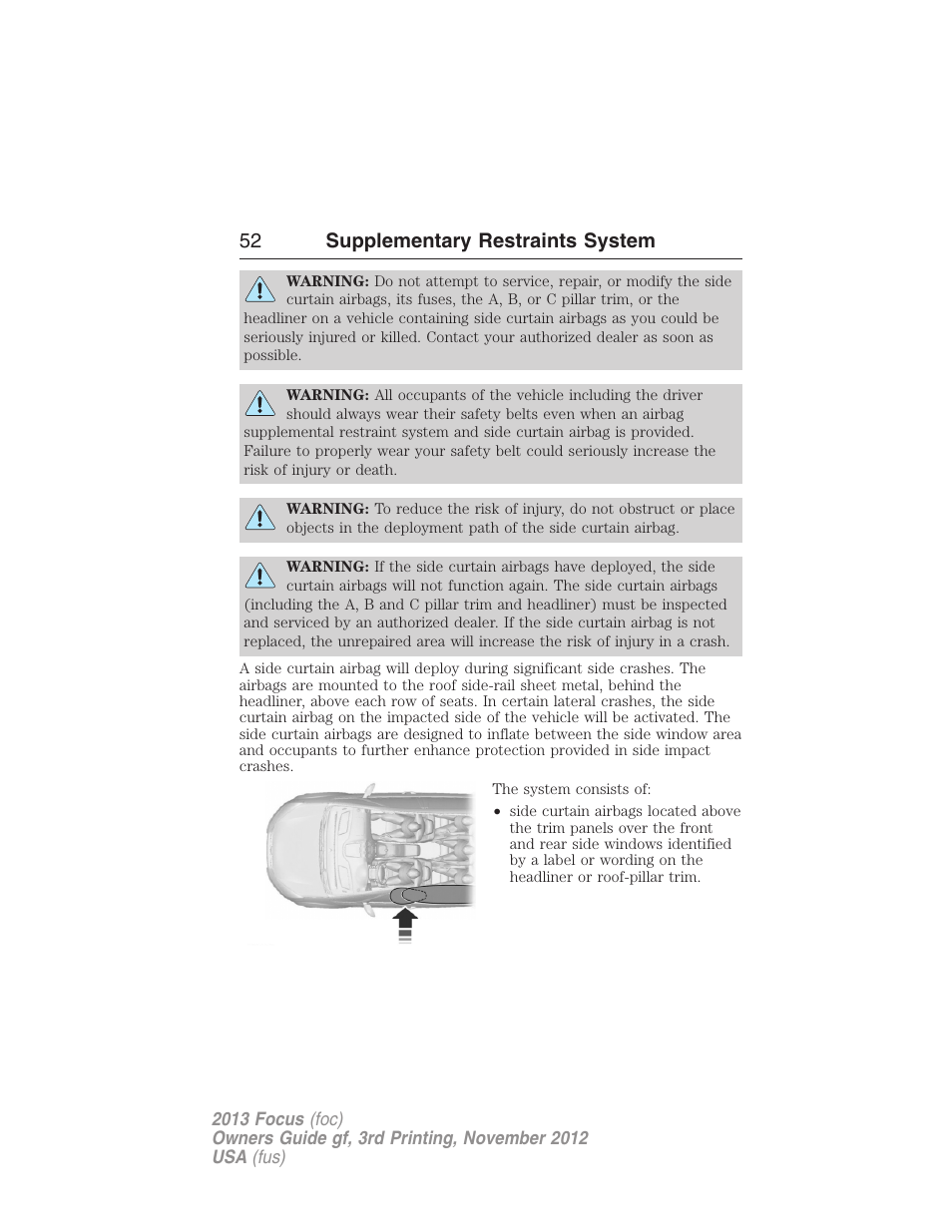 52 supplementary restraints system | FORD 2013 Focus v.3 User Manual | Page 53 / 487