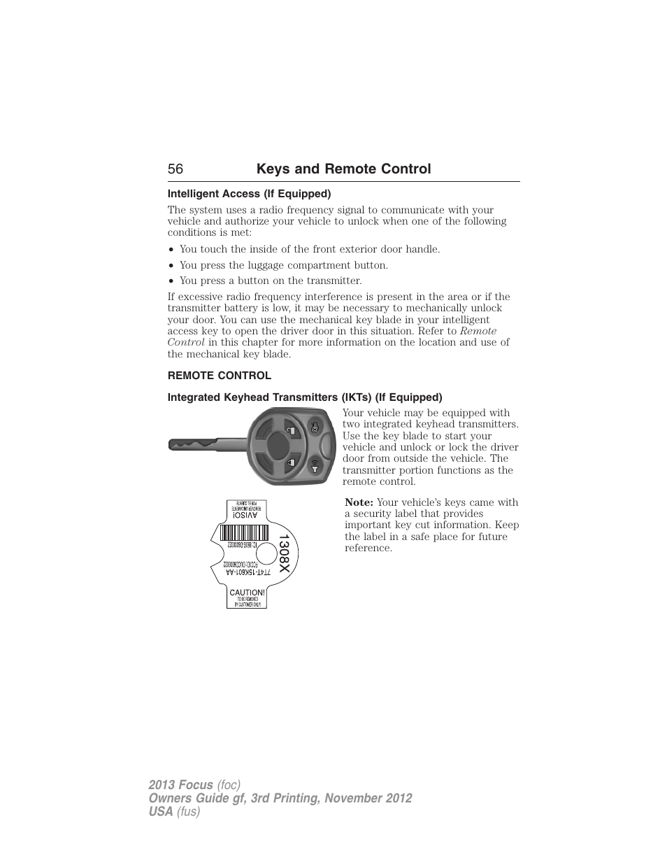 Intelligent access (if equipped), Remote control, Keys | 56 keys and remote control | FORD 2013 Focus v.3 User Manual | Page 57 / 487