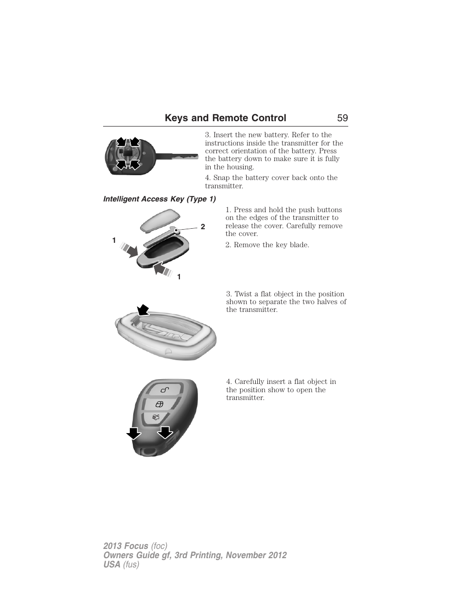 Intelligent access key (type 1), Keys and remote control 59 | FORD 2013 Focus v.3 User Manual | Page 60 / 487