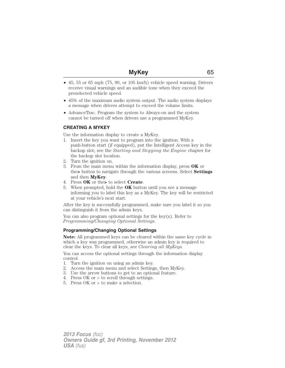 Creating a mykey, Programming/changing optional settings, Creating | Mykey 65 | FORD 2013 Focus v.3 User Manual | Page 66 / 487