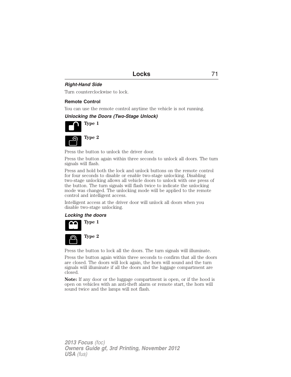 Right-hand side, Remote control, Unlocking the doors (two-stage unlock) | Locking the doors, Locks 71 | FORD 2013 Focus v.3 User Manual | Page 72 / 487