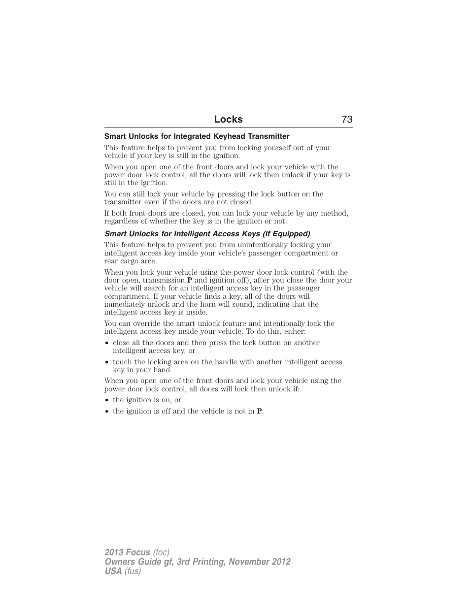 Smart unlocks for integrated keyhead transmitter, Locks 73 | FORD 2013 Focus v.3 User Manual | Page 74 / 487