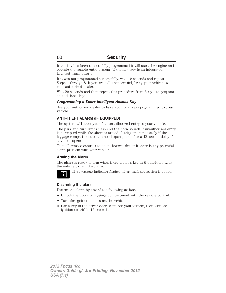 Programming a spare intelligent access key, Anti-theft alarm (if equipped), Arming the alarm | Disarming the alarm, 80 security | FORD 2013 Focus v.3 User Manual | Page 81 / 487