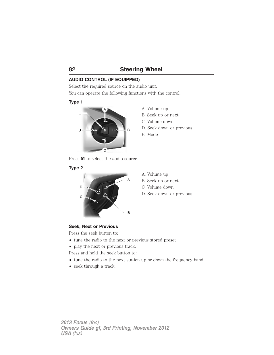 Audio control (if equipped), Type 1, Type 2 | Seek, next or previous, Steering wheel controls, 82 steering wheel | FORD 2013 Focus v.3 User Manual | Page 83 / 487