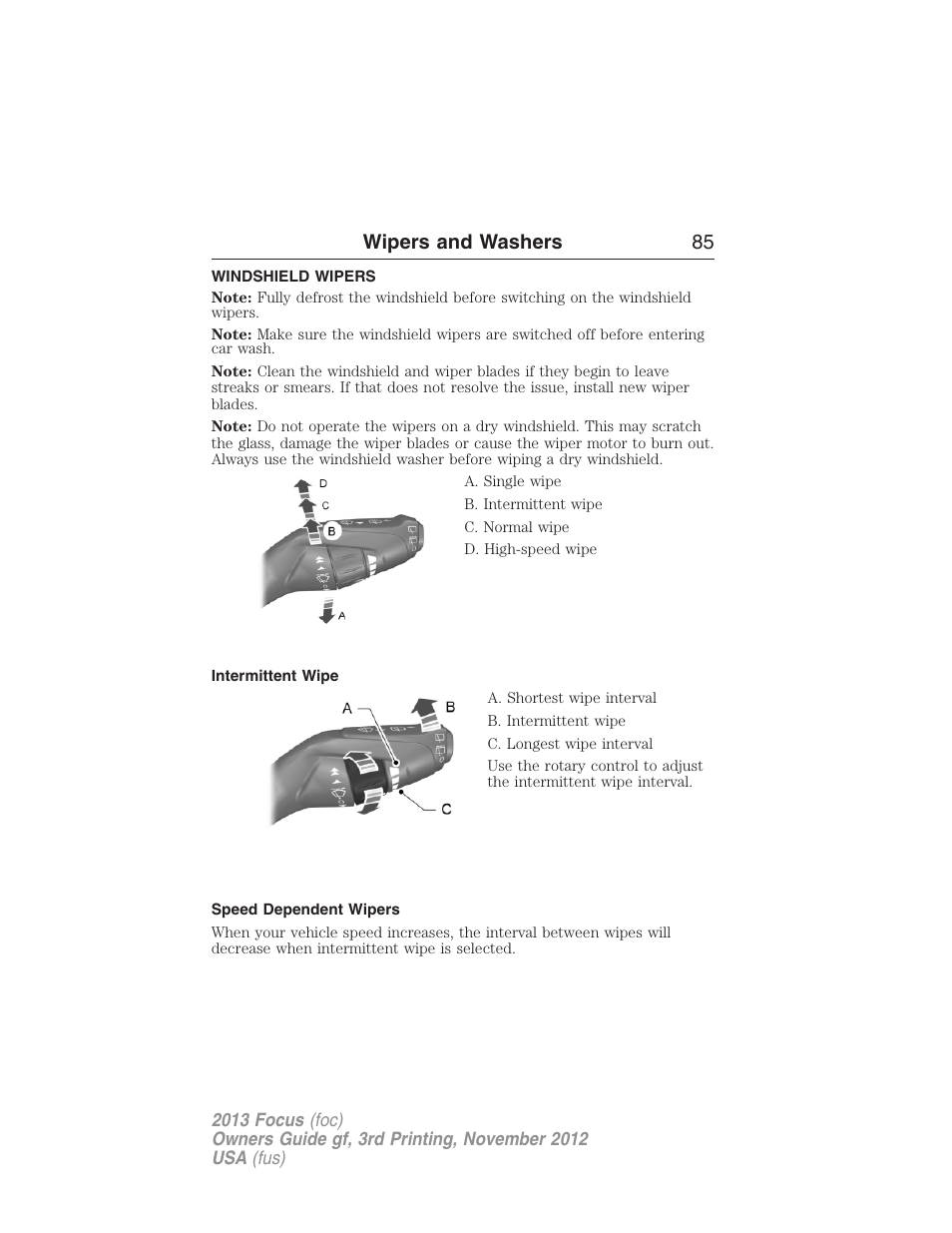 Wipers and washers, Windshield wipers, Intermittent wipe | Speed dependent wipers, Wipers and washers 85 | FORD 2013 Focus v.3 User Manual | Page 86 / 487