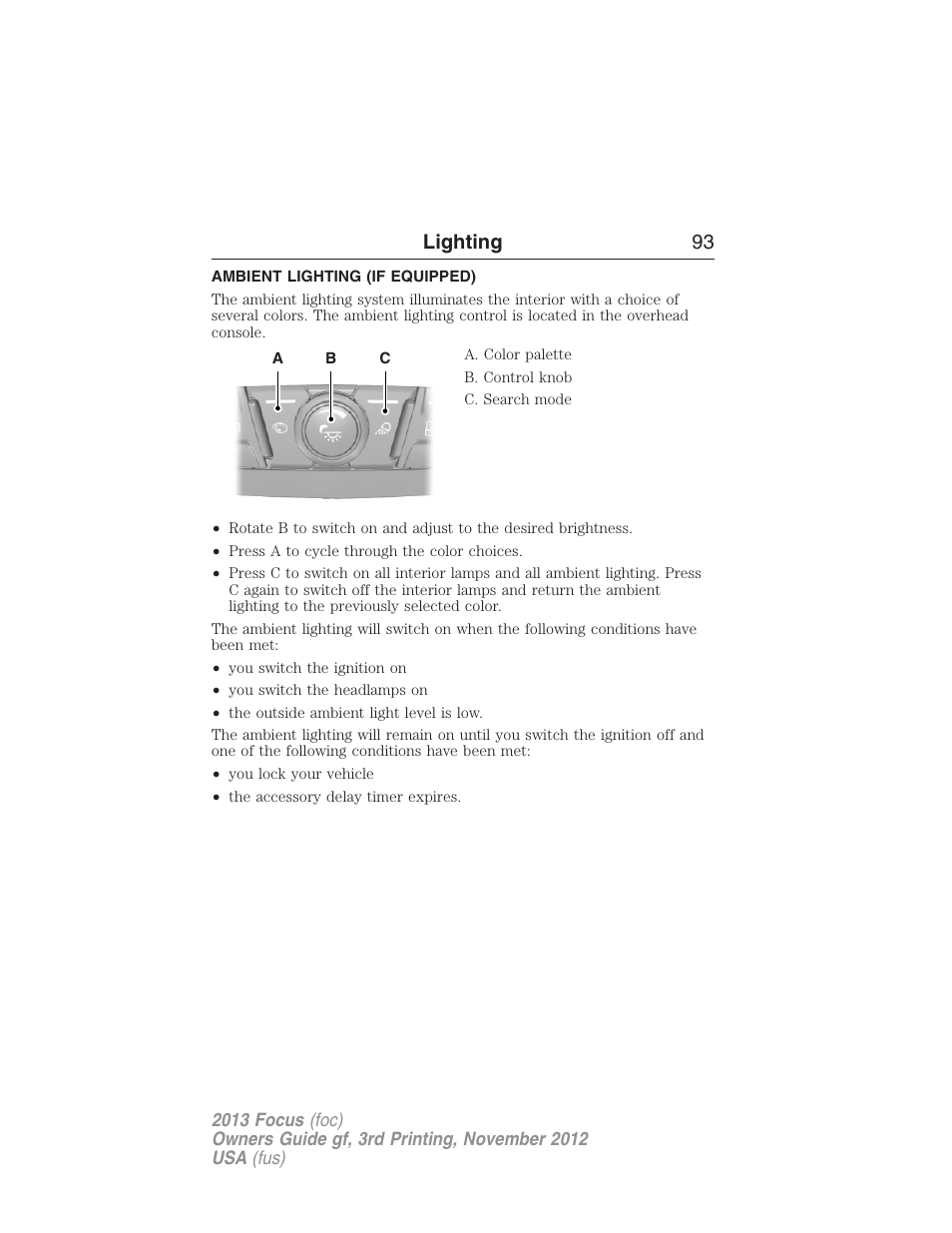Ambient lighting (if equipped), Ambient lighting, Lighting 93 | FORD 2013 Focus v.3 User Manual | Page 94 / 487