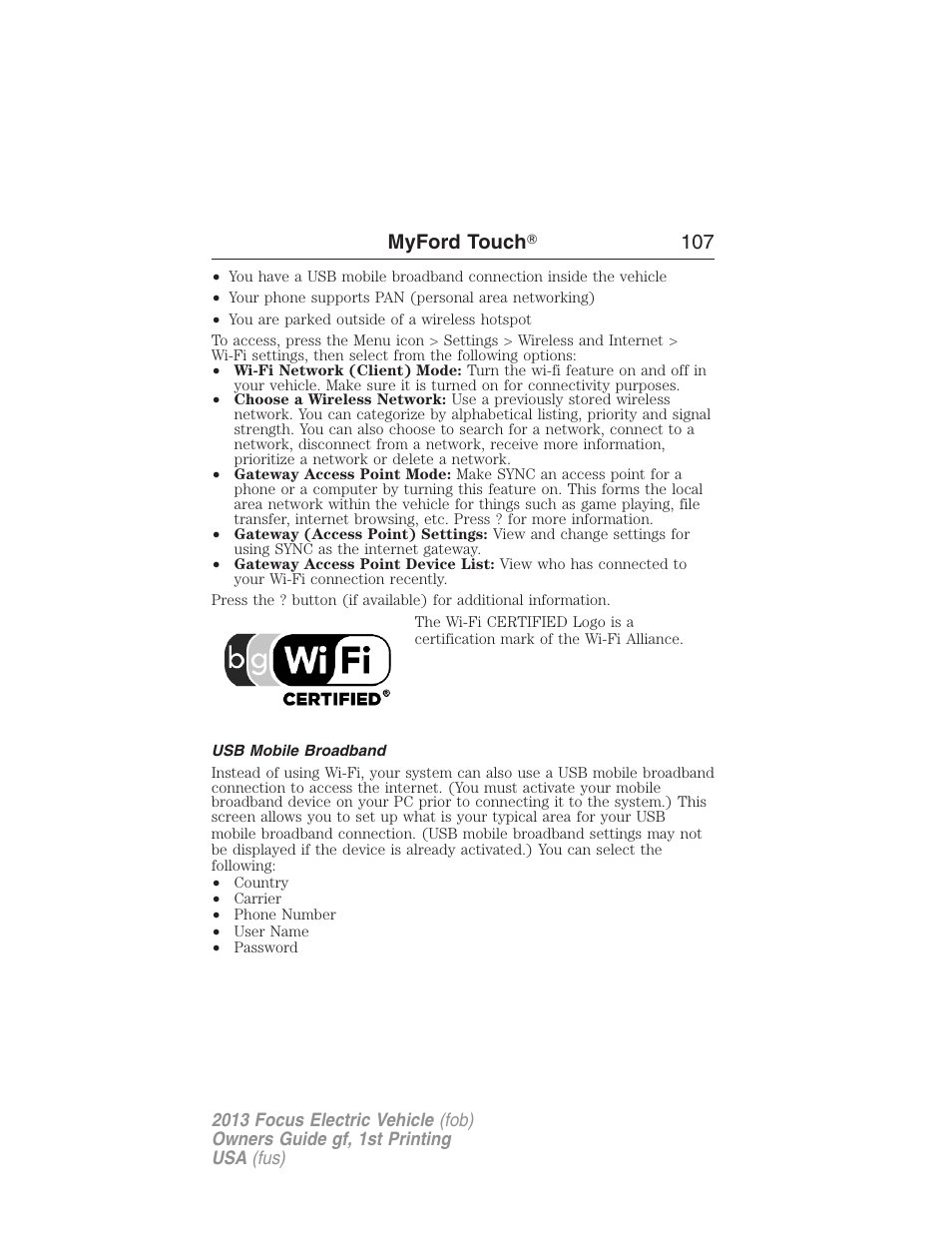 Usb mobile broadband, Myford touch ா 107 | FORD 2013 Focus Electric User Manual | Page 107 / 386