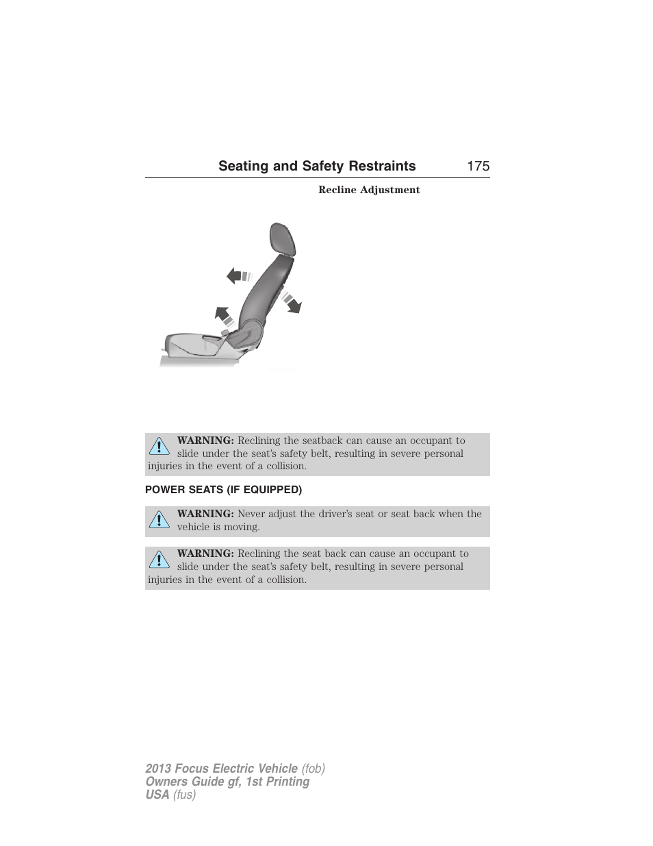 Power seats (if equipped), Power seats, Seating and safety restraints 175 | FORD 2013 Focus Electric User Manual | Page 175 / 386