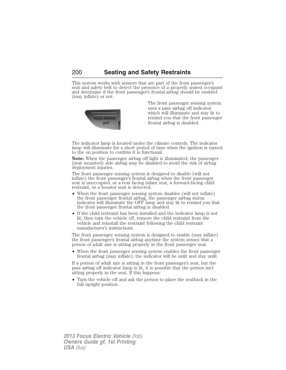 200 seating and safety restraints | FORD 2013 Focus Electric User Manual | Page 200 / 386