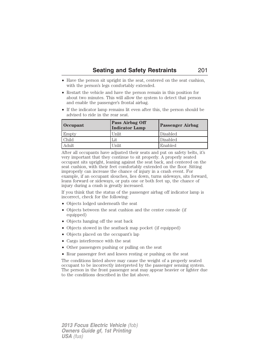 Seating and safety restraints 201 | FORD 2013 Focus Electric User Manual | Page 201 / 386