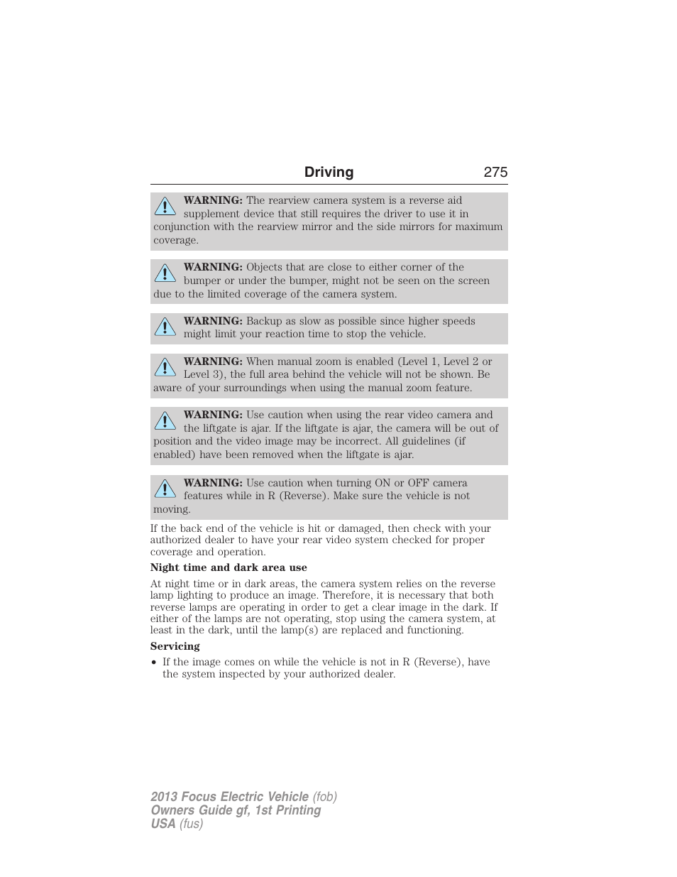 Driving 275 | FORD 2013 Focus Electric User Manual | Page 275 / 386