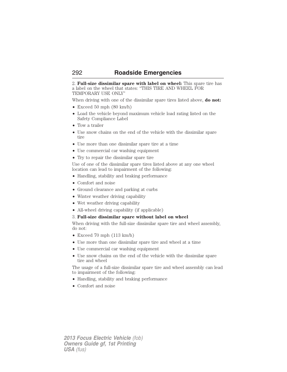 292 roadside emergencies | FORD 2013 Focus Electric User Manual | Page 292 / 386