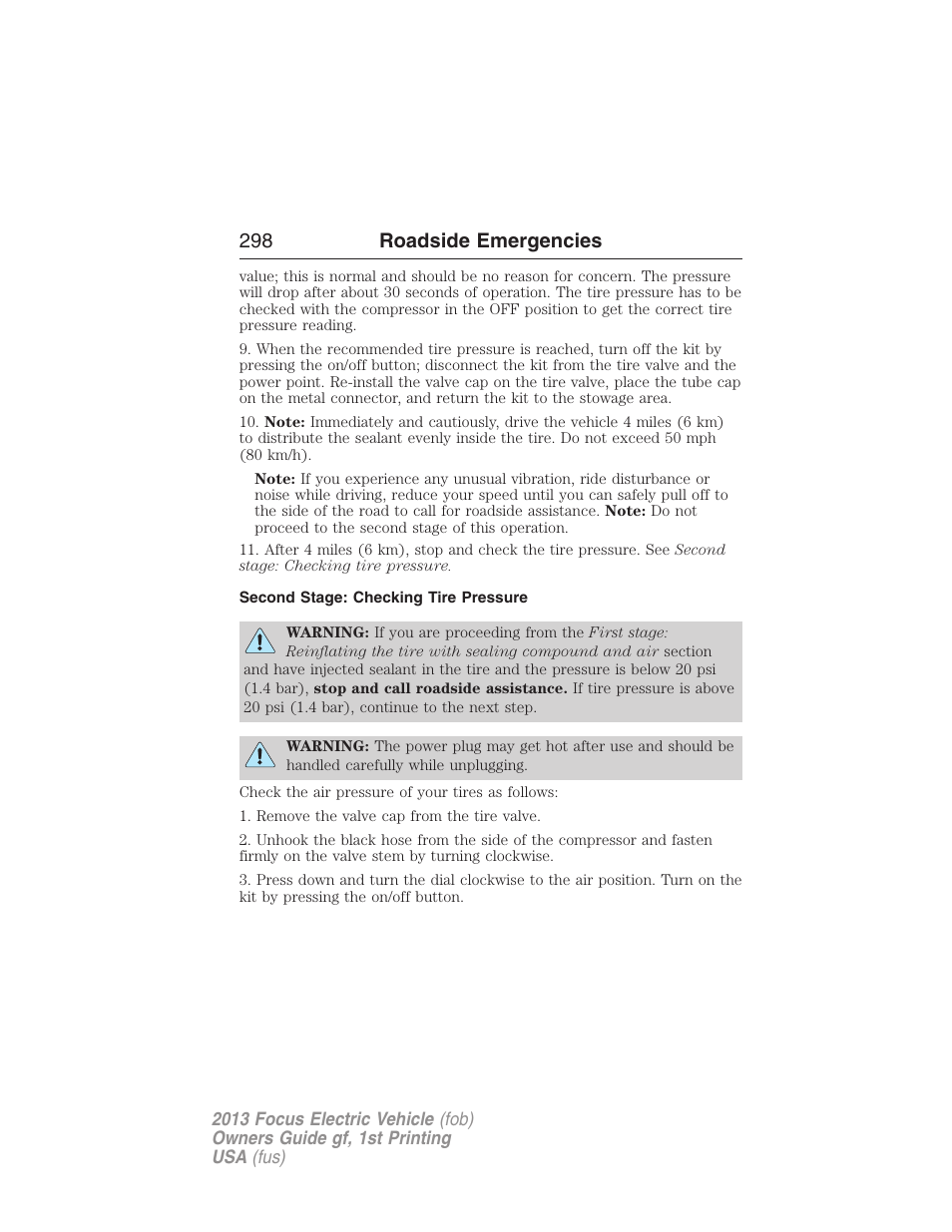 Second stage: checking tire pressure, 298 roadside emergencies | FORD 2013 Focus Electric User Manual | Page 298 / 386