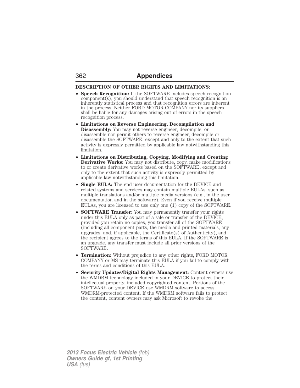 362 appendices | FORD 2013 Focus Electric User Manual | Page 362 / 386