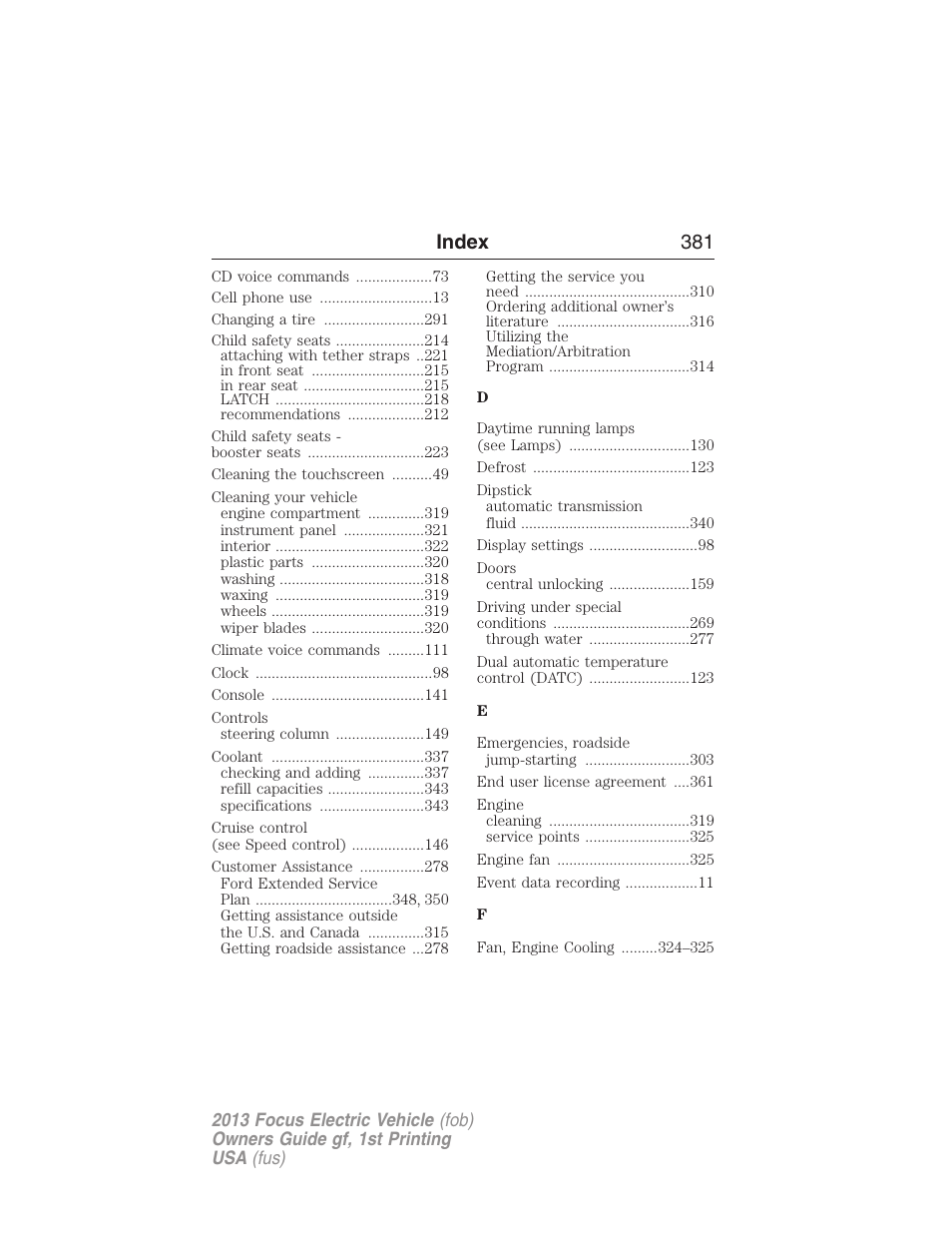 Index 381 | FORD 2013 Focus Electric User Manual | Page 381 / 386