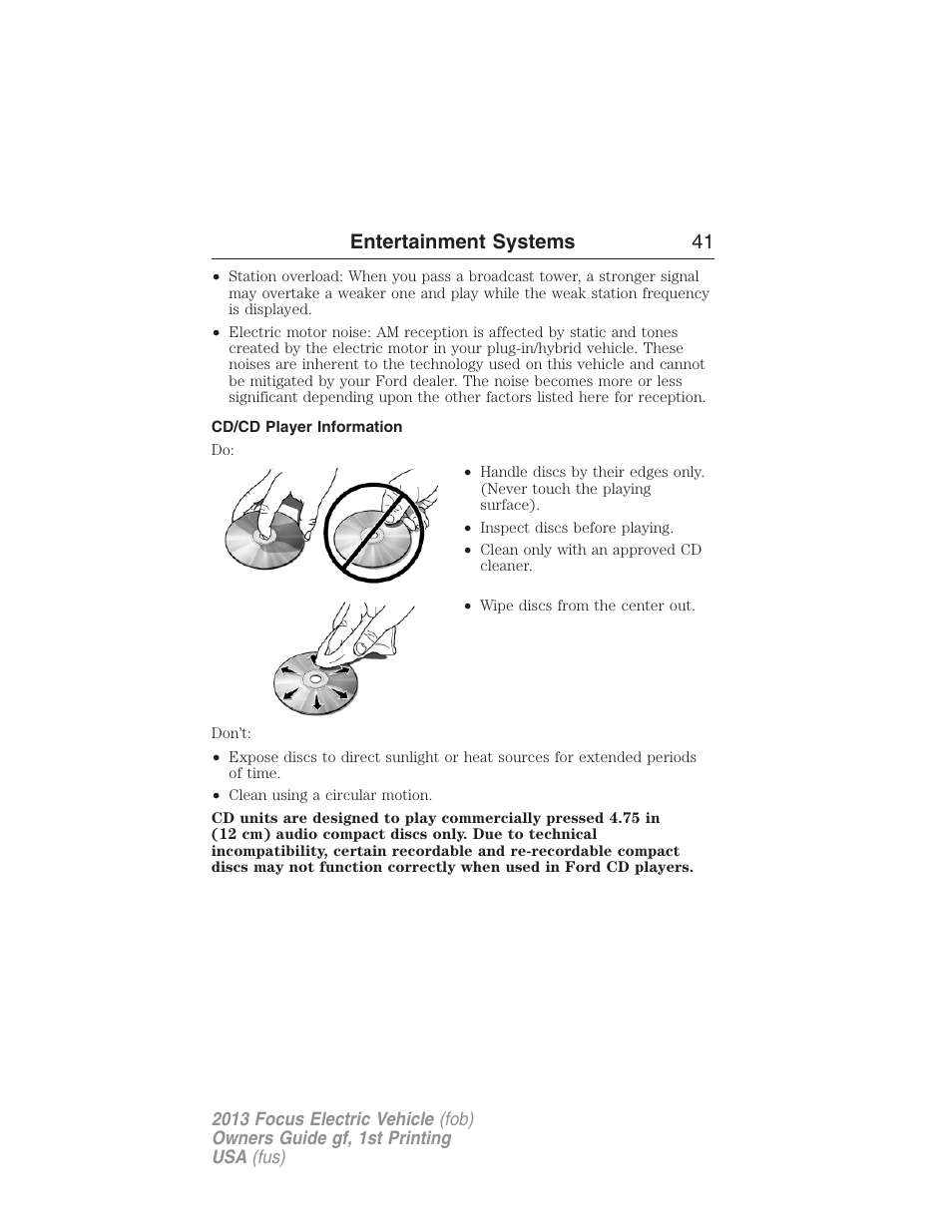 Cd/cd player information, Entertainment systems 41 | FORD 2013 Focus Electric User Manual | Page 41 / 386