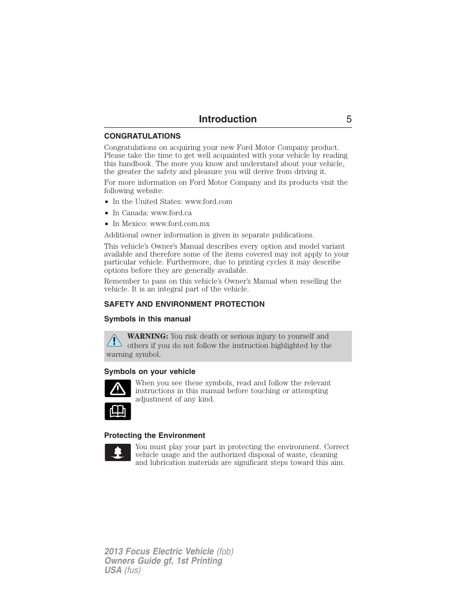 Introduction, Congratulations, Safety and environment protection | Symbols in this manual, Symbols on your vehicle, Protecting the environment, Introduction 5 | FORD 2013 Focus Electric User Manual | Page 5 / 386