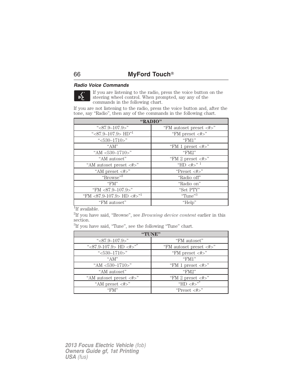 Radio voice commands, 66 myford touch | FORD 2013 Focus Electric User Manual | Page 66 / 386