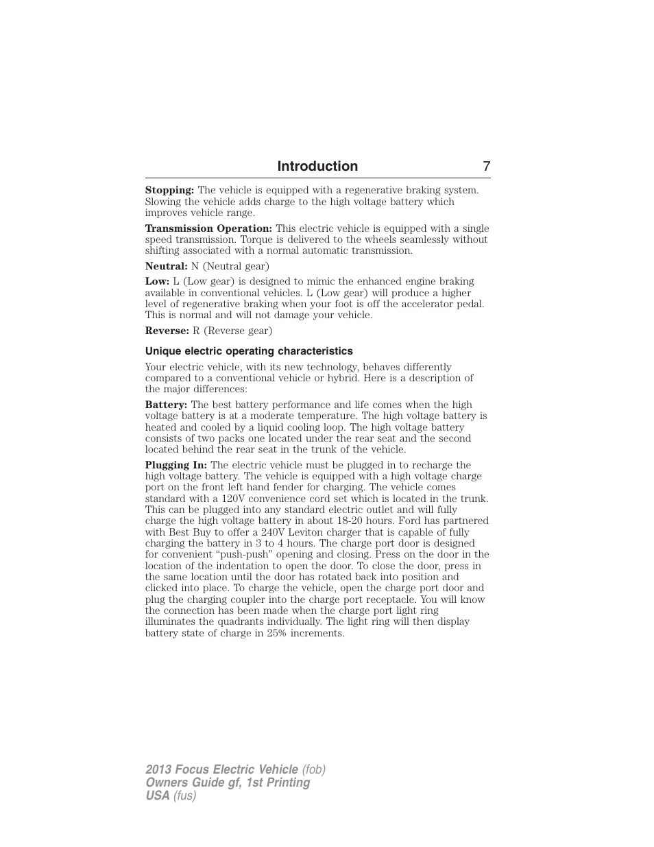 Unique electric operating characteristics, Introduction 7 | FORD 2013 Focus Electric User Manual | Page 7 / 386